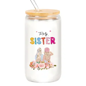 16oz Glass Cup Set, Fun Soda & Milk Tea Mug, Ideal Gift for Sisters, Christmas, Friendship, Birthday Presents for Best Friends, Glassware Set, Drinkware