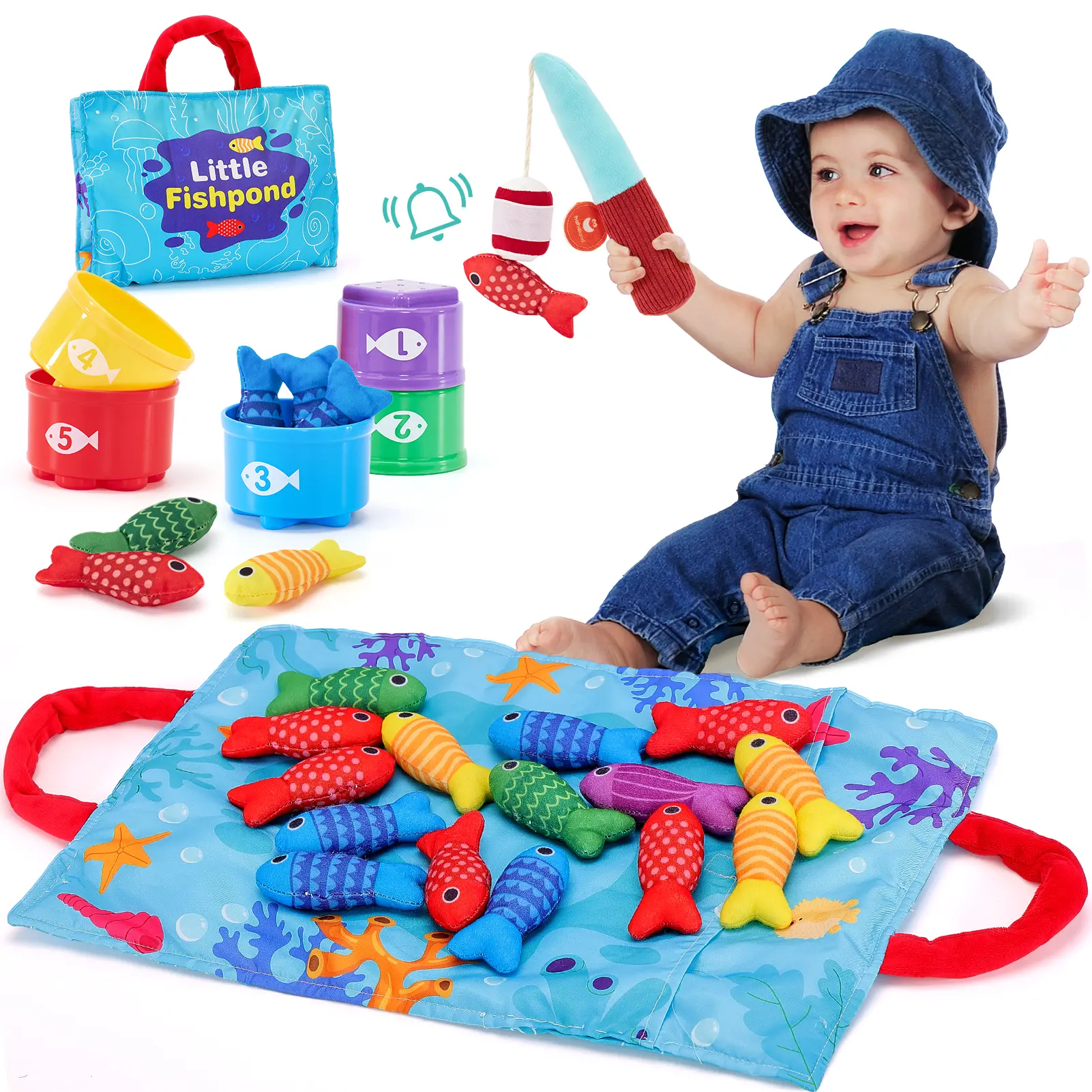 hahaland Toddler Fishing Set - 10-in-1 Unisex Cloth Fishing Game with Stacking Cups, Ocean Mat, Stackable Fish Buckets, 22 Pcs Montessori Cognitive Play Toys for 1-2 Years, 1-Year-Olds Christmas & Birthday Gifts