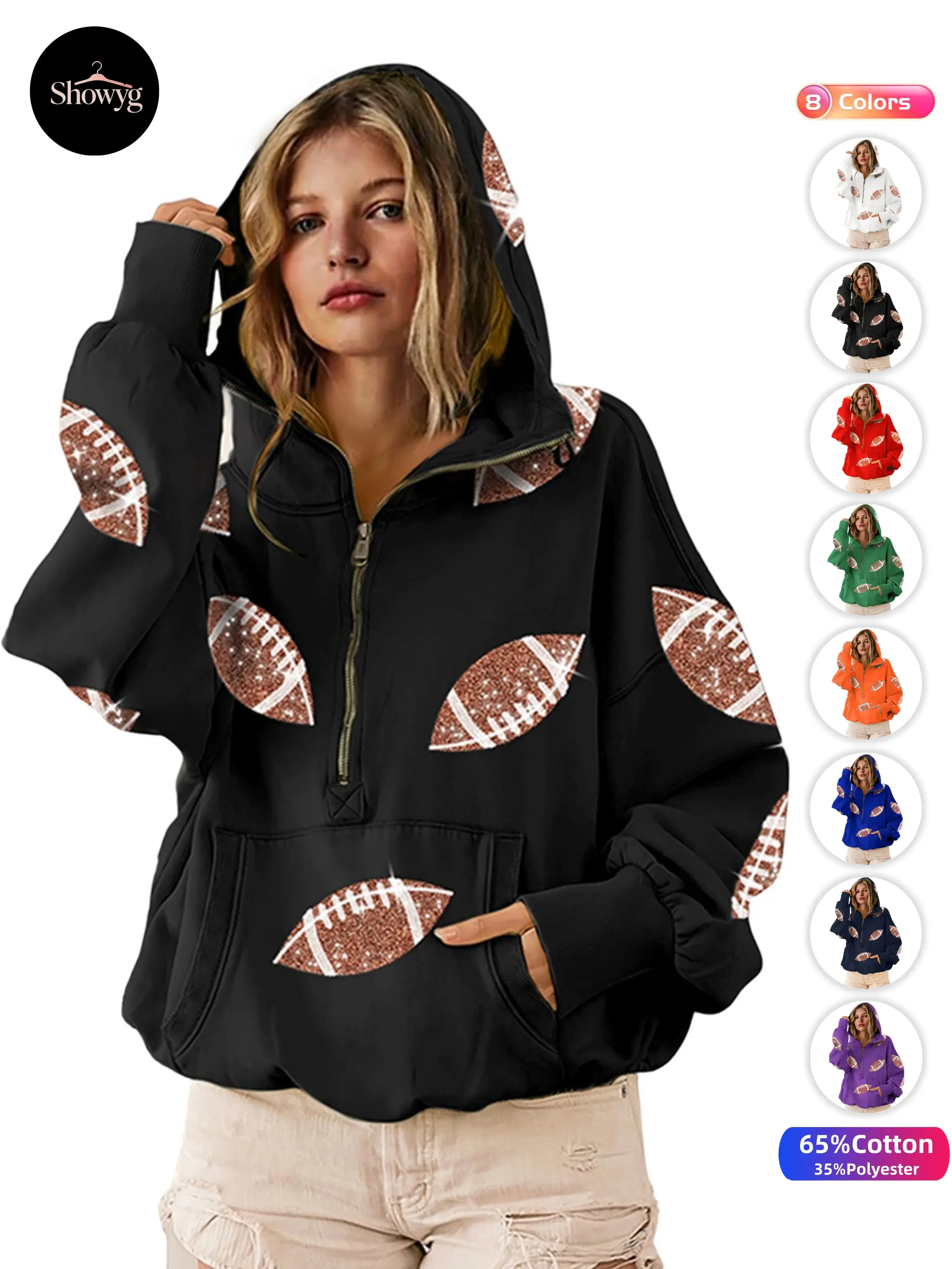 Showyg Women Game Day Sweatshirt Sequin Football Hoodies Pullover Fall Top | Oversized Sweatshirt for Women, Long Sleeve Football Shirts, Zipper Hoodie with Pocket, Game Sunday Outfits, Tailgate Outfits