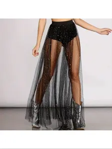 Women's Fashion Mesh Skirt, Sparkle Transparent Net Fabric, Elastic Waistband, Comfortable and Stylish, Perfect for School, Graduation, Travel