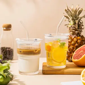 2pcs 14oz Glass Cups with Lids and Straws, Glass Coffee Cups, Iced Coffee Cups with Lids, Smoothie Cup, Tumbler for Whiskey, Cocktail, Juice, Tea, Latte