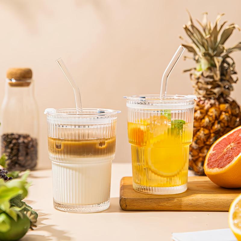 2pcs 14oz Glass Cups with Lids and Straws, Glass Coffee Cups, Iced Coffee Cups with Lids, Smoothie Cup, Tumbler for Whiskey, Cocktail, Juice, Tea, Latte