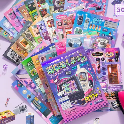 650-800+ Pcs 30 Sheets Japanese Retro Sticker Book (Single/Bundle) - Girlhood Retro & Y2K Tech Stickers, Glossy, Matte & Frosted for Junk Journaling & Scrapbooking