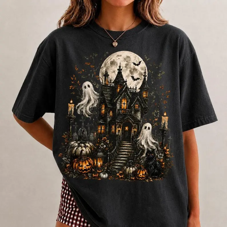 Gothic Halloween Shirt, Haunted House Graphic Tee, Vintage Ghost T-Shirt, Whimsigoth Fall Apparel, Spooky Season Clothing