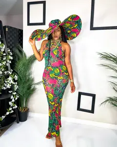 "Lelise" Mesh Halter Backless Bodycon Long Dress in Green Yellow and Pink African Ankara Floral Print