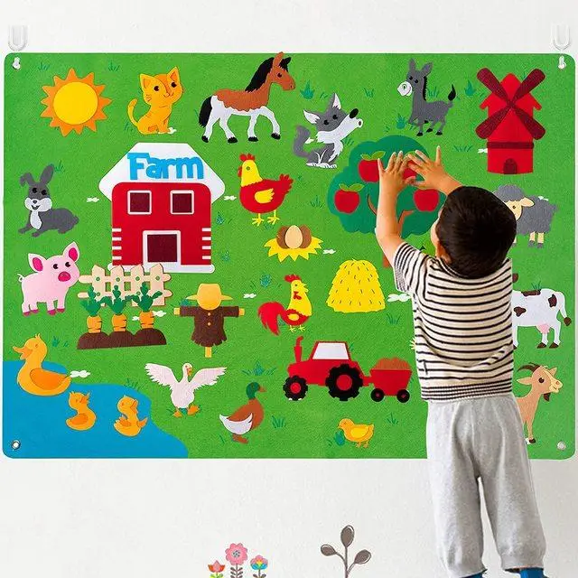 Farm Felt Story Board Set, 3.5Ft/38 Pcs Preschool Farmhouse Themed Storytelling Flannel Barnyard, Early Learning Interactive Play Kit Wall Hanging, Ch