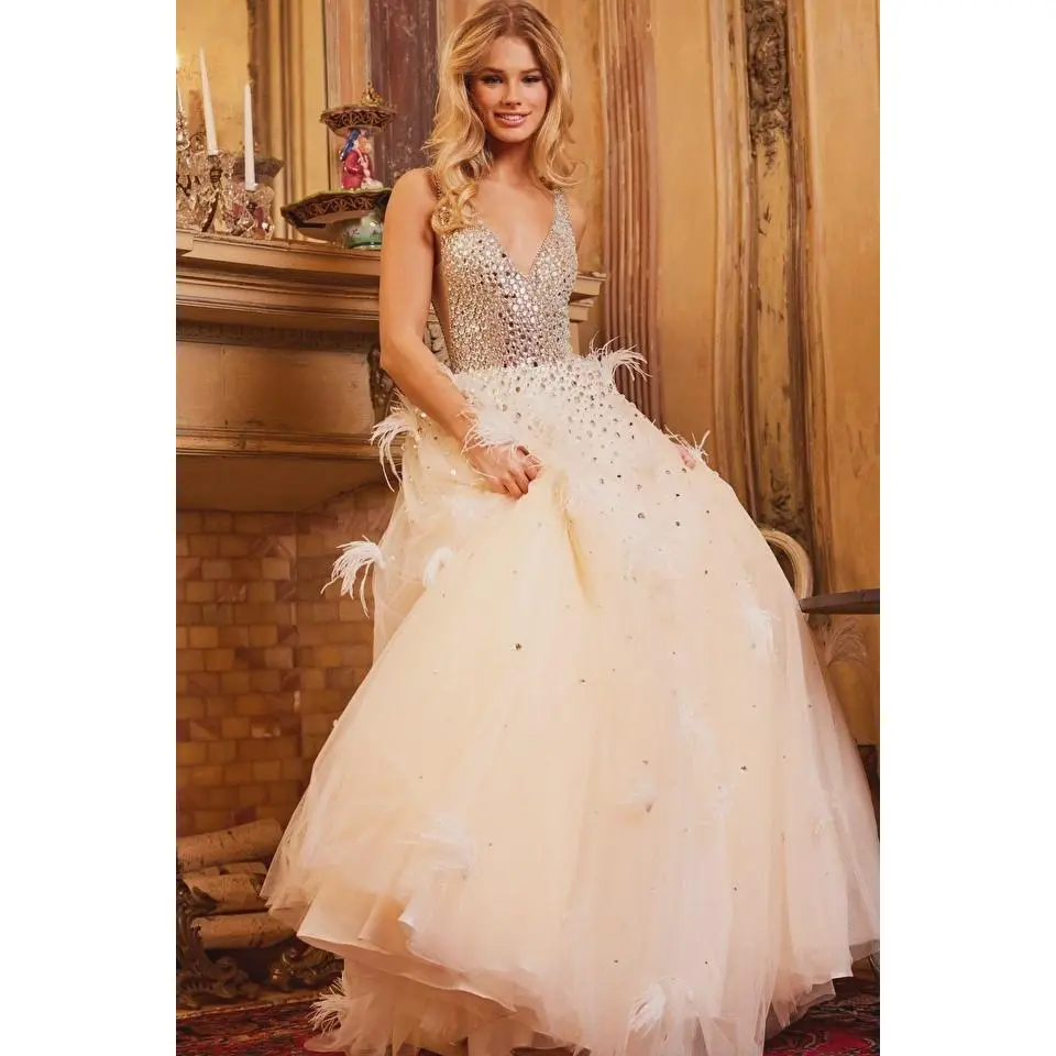 24255 Jovani Nude Silver Beaded V Neck Ballgown