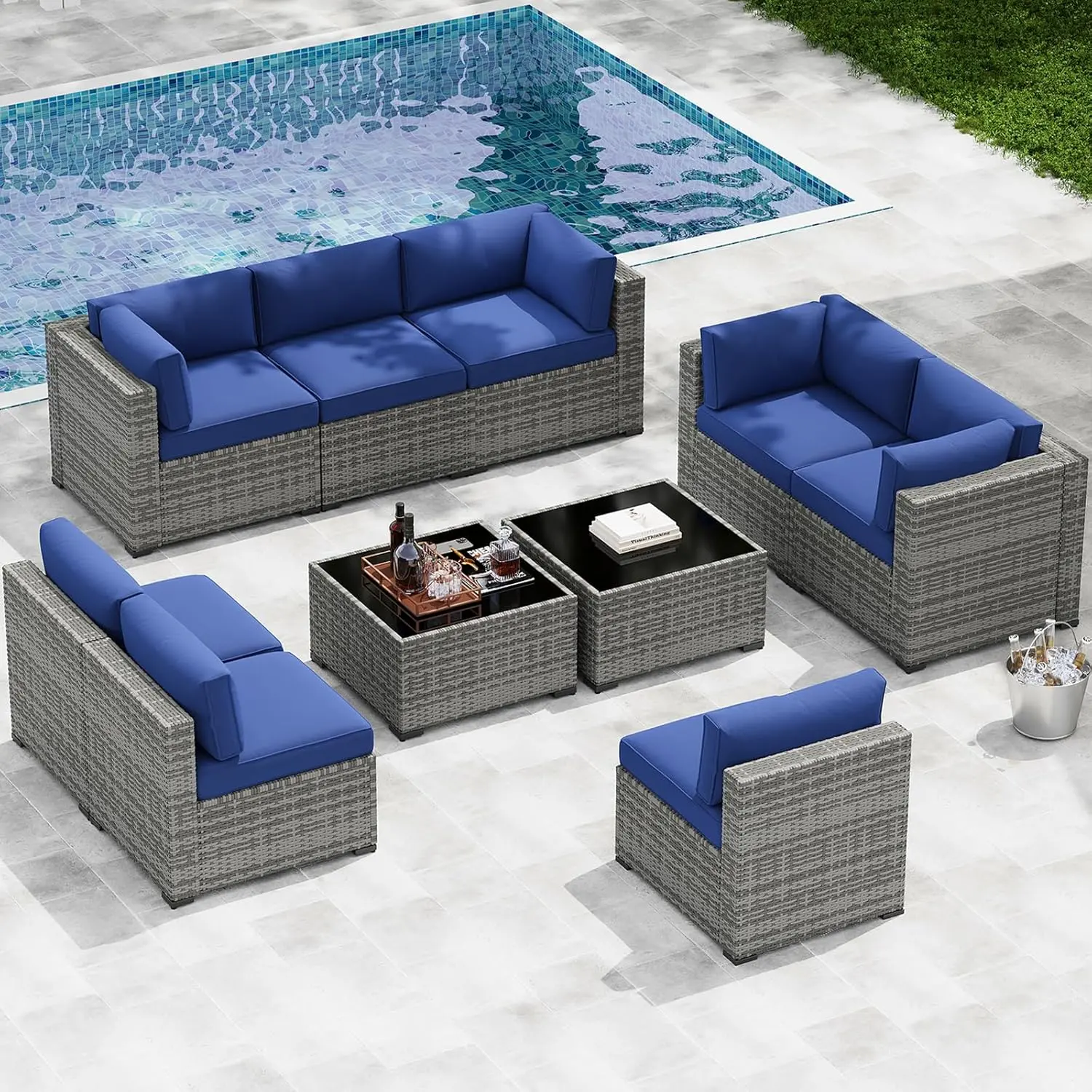Aoxun 10-Piece Rattan Weave Patio Sectional Sofa Set - Garden Outdoor Comfy Sofa Sectional Couch with Thick Cushions for Multiple Users, Beige