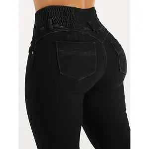 YIWEIDI Women'S High Waist Skinny Jeans, Polyester Rayon Spandex Blend, High Stretch, Solid Color, Button Details, All-Season, Street Style