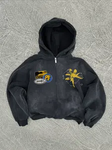 Men's Hooded Zipper Sweatshirt, Cotton Casual Loose Fit, Side Pockets, Y2K Vintage Pattern, Fall & Winter Thin Jacket, Hot Trending Graphic Hoodies