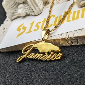 18k Gold Plated Jamaica Map Necklace - Rhinestone Jewelry Earrings