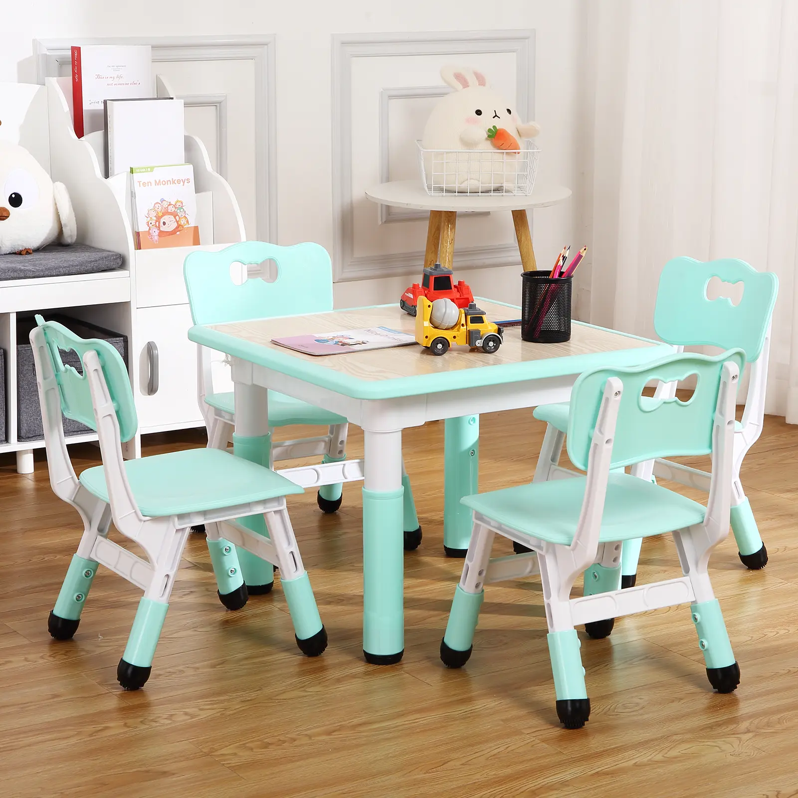 Garvee Adjustable Kids Table and 4 Chairs Set – Multi-Activity Desk with Graffiti-Friendly Surface – Non-Slip Legs – 300lb Capacity, Durable HDPE, Easy Clean, for Ages 2-10, Daycare, Study Area, Home – Wood Grain Finish