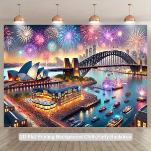 2D Flat, 1pc Sydney Australia Fireworks Night Backdrop - Sydney Opera House & Harbour Bridge Party Decorations, Realistic Nighttime Cityscape Photography Background Tapestry for Birthday, Anniversary, New Year's Eve - Indoor/Outdoor Banner, No