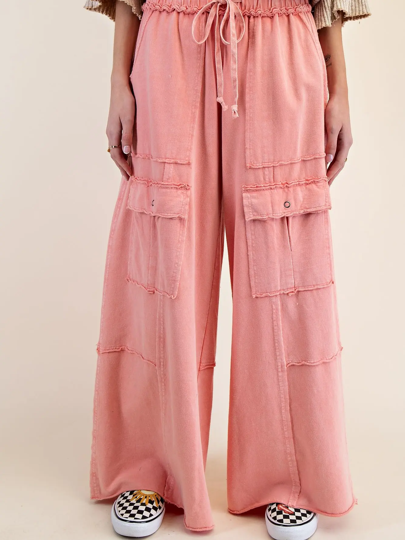 Easel Plus Size Faded Coral Cargo Pants With Drawstring Waistband