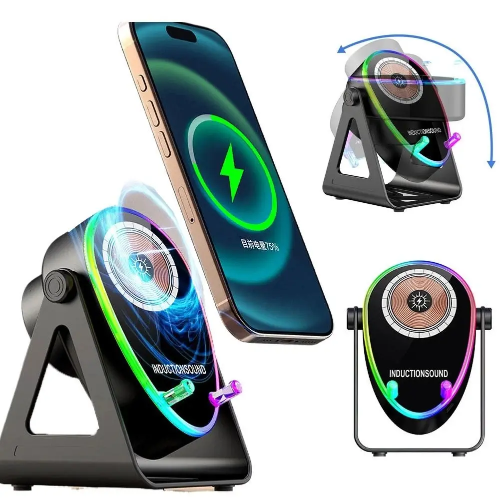 6 IN 1 Wireless Induction Audio Bluetooth Speaker, Speaker Sound System, 180° Rotation Stand with Color LED, Universal Speaker Stands for Surround Sound & Charger, Portable Desktop Stand for Home, Outdoors, Travel