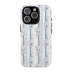 Love Shack Fancy Inspired Blue Floral Striped Phone Case, Coquette Blue Bow Rose Design Phone Case