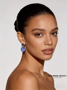 Pathologos Platinum-Plated Blue Enamel Flower Drop Earrings with 3mm Center Stone