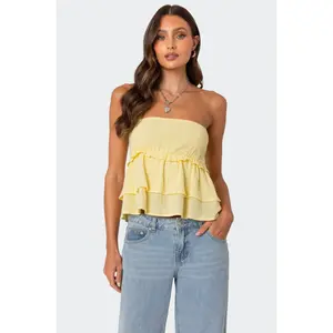 Linen Look Strapless Peplum Top Linen Look Strapless Peplum Top