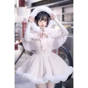Christmas/New Year Kawaii Suit — Cute, Sweet Lolita Dress Set for Women, Winter Japanese Style, Hooded Shawl + Basic Tops + Plaid Mini Skirts
