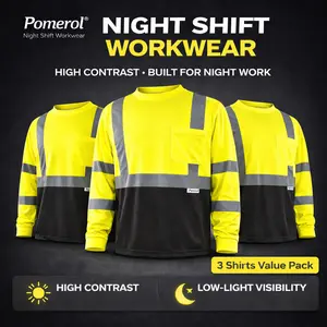 [SummerVibes]1/3-Pack Pomerol High Visibility Long Sleeve Work T-Shirts for Men, Reflective Strips, Breathable Lightweight Fabric with Pocket, Ideal for Construction, Warehouse, Outdoor & Night Use, Neon Yellow/Green