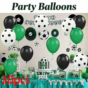 30pcs Latex Balloons Football Print with Ribbon, Boy Party Decorations, Sports Theme, Anniversary, Baby Shower