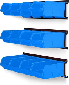 Wall Mounted Storage Bins, Plastic Hanging Storage Organizer Bins, Garage Tool Storage System for Screws, Nuts, , Nails, and Small Hardware Parts, 12x bins & 3 x rails, Blue