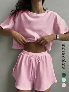 Women's Waffle-Knit Pajama Set, Adjustable Drawstring Waist Pants with Side Slits, Comfortable Short Loungewear for Home & Outdoors