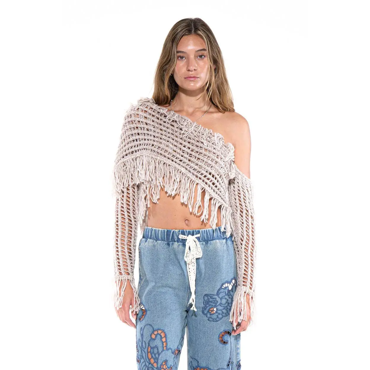 Fringe One-Shoulder Macrame Crop Top