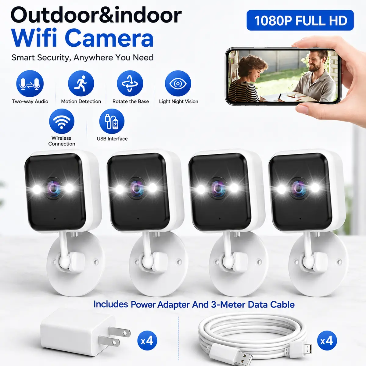 【Free Power Supply】JOOAN WiFi MINI 1080P FHD Camera Indoor And Outdoor Waterproof Security Surveillance, 1 Year Warranty, Can Still Monitor Without Network, Suitable For Home And Outdoor Use, Color Night Vision, With Spotlight And Two-Way Audio, Alexa