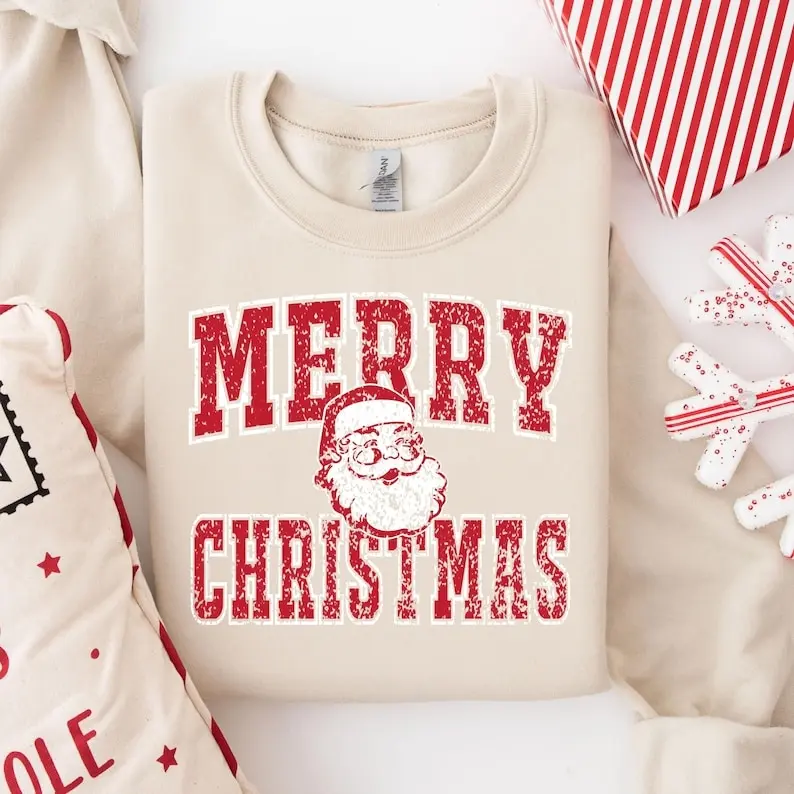 Merry Christmas Santa Sweatshirt, Collage Christmas Sweater, Retro Santa Claus Sweater, Christmas University Sweatshirt, Santa University Sweater