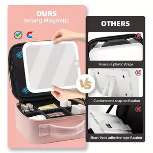 New Magnetic detachable LED mirror makeup bag with 360° rotation Angle and brush plate portable makeup bag; With detachable makeup mirror 3 color light Settings professional makeup train travel Case makeup box with brush storage and 20x magnifi