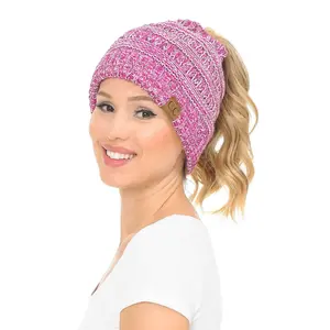 Soft Stretch Winter Cable Knit Warm Ponytail Hat 4 Toned Mixed Multi Color Beanie - C.C MB816