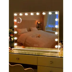 FENCHILIN 32'' X 23'' Large Vanity Mirror With Lights Makeup Mirror With 18 Dimmable Bulbs, 3 Color Light Settings, USB Port, Big Smart Bedroom Makeup Mirror For Tabletop Wall Mount  White