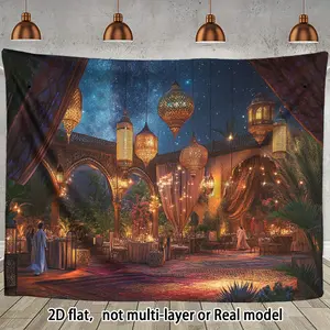 1pc Starry Night Gathering Party Banner - 2D Flat Polyester Textile Backdrop, Intricate Lantern & Celestial Sky Design, No-Electricity Wedding & Outdoor Home All-Season Celebration Accessory