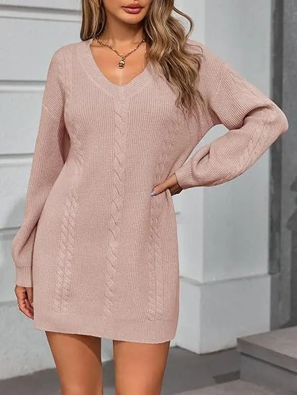 Women's V-Neck Cable Knit Sweater Dress - Casual Cozy, Loose Fit, Drop Shoulder, Slouchy Long Lantern Sleeve Tunic for Fall, Cold Wash, Flat Dry, Basic, Mini Tunic