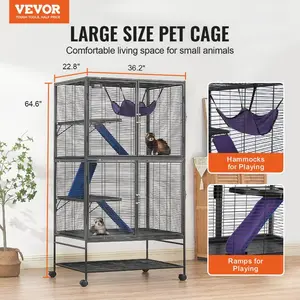 VEVOR 64.6 Rolling Metal Ferret Cage, Large 4-Tier Critter Nation Cage, Small Animal Cage with Ramps Tray, Easy to Set up for Pet Rats, Hamster, Guinea Pig, Chinchilla, Squirrel, Hedgehogs, Bunny
