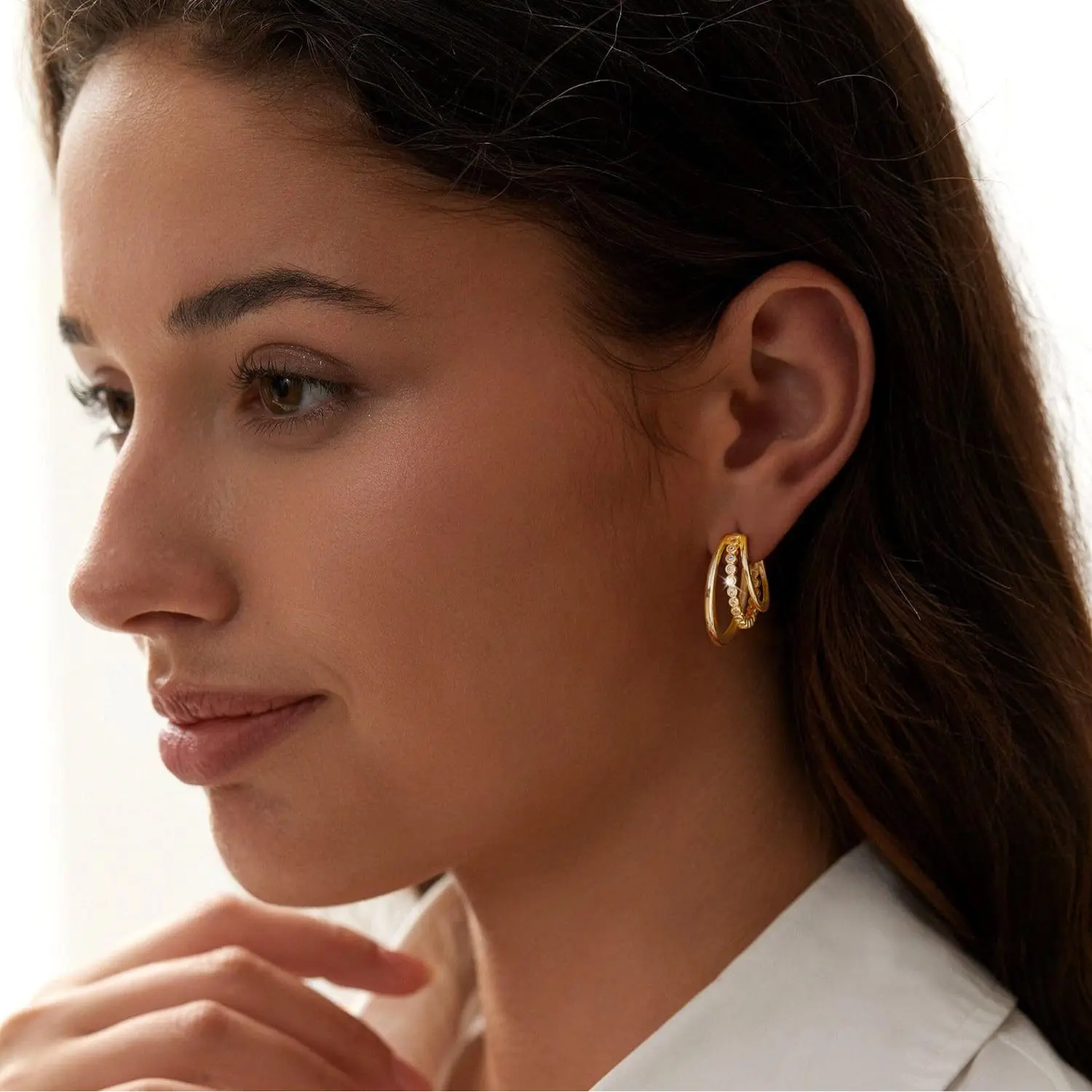 LOYALOVE Women's 14K Gold-Plated Triple-Layer CZ Gold Hoop Earrings, Lightweight Hypoallergenic Artificial Gemstone Everyday Wear Jewelry