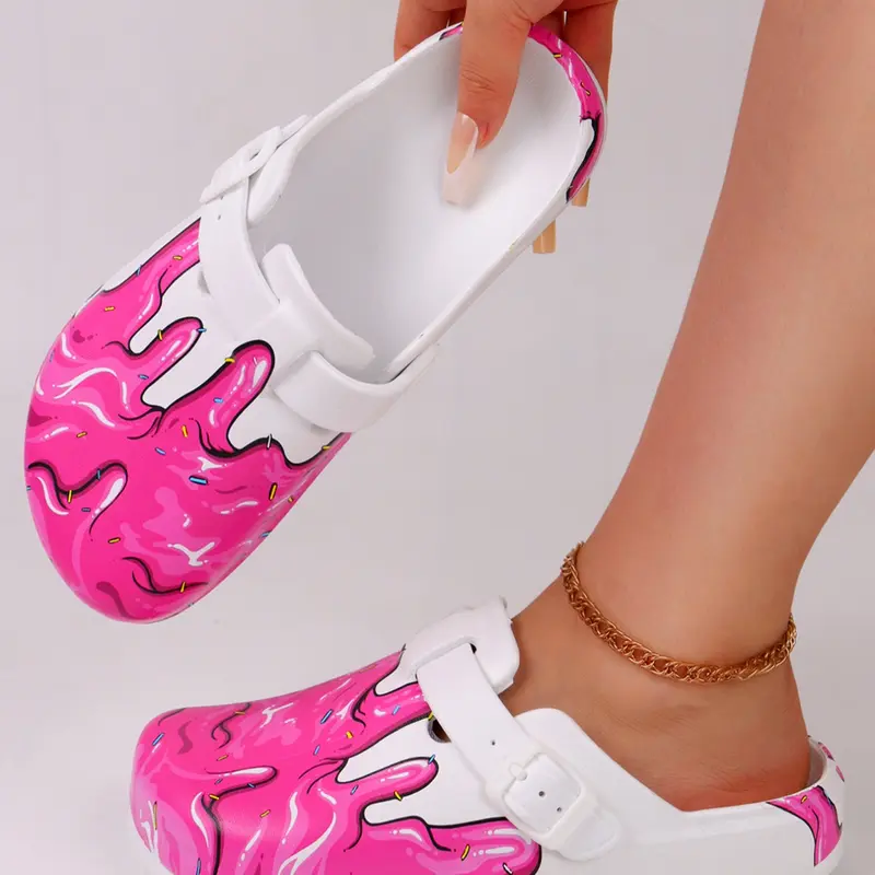 Women's Fashion Cartoon Print Eva Sandals, Summer Outdoor Footwear Non-Slip Work Shoes, Lightweight Flat Soft Sole, Adjustable Buckle, Beach Garden Fall