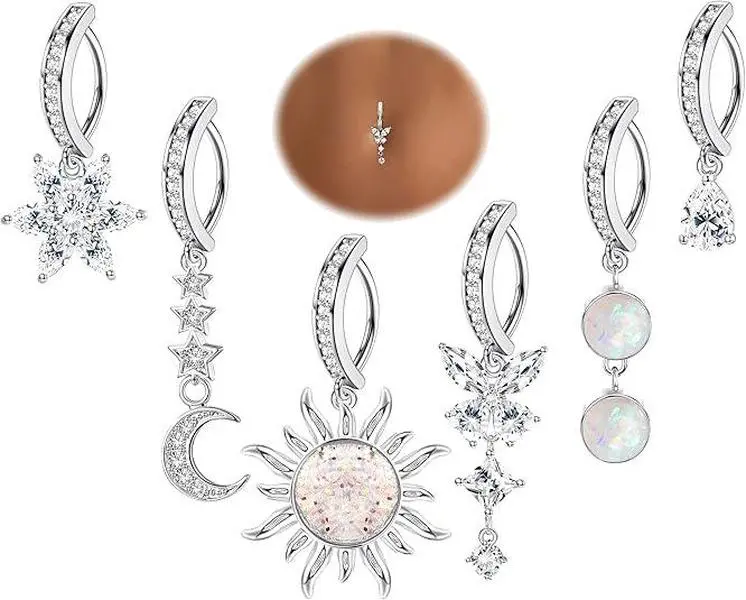 6 PCS 14G Clicker Belly Button Ring for Women 316L Surgical Steel Butterfly Snake Evil Eye Heart Opal Dangle Belly Button Rings Simple Reverse Navel Rings Body Belly Piercing Jewelry