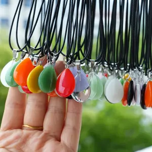 20Pcs Multi-color Glass Water Droplet Shaped Pendants With 20Pcs Faux Leather Cord Set, Fashionable Chic Necklace, Ideal For Festival Party Accessories Gift