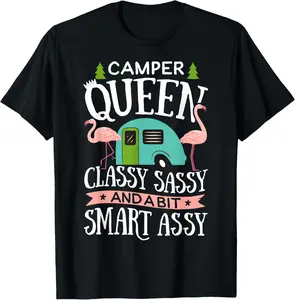 [100% Cotton] 100% Cotton Camper Queen Classy Sassy Smart Funny Women Girls Camping RV T-Shirt Golf Gift T-Shirt For Men And Women
