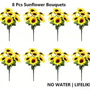 8 Pcs Artificial Sunflower Bouquets, UV Resistant Faux Sunflowers for Indoor Outdoor Decor, Wedding, Garden, Patio, Spring Summer Thanksgiving Decor