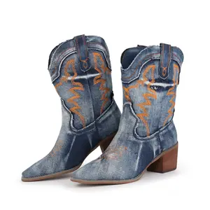 Hawkwell Women's Embroidered Stitched Rodeo Cowboy Boots Pointed Toe Chunky Block Heel Classic Pull On Cowgirl Ankle Western Booties Walking Shoes Footwear