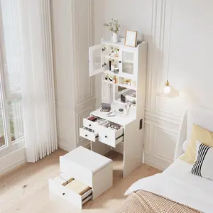 Garvee 3 in 1 Vanity Desk with LED Light, Tall Makeup Vanity Set featuring 2 AC Outlets & USB-C, Storage Drawers & Acrylic Doors, Nightstand Vanity Mirror, Jewelry Box, and Cushioned Chair