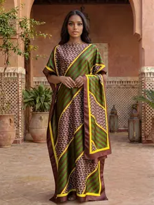 Women's Geometric Print Robe Set, Casual Fitted Long Dress + Headscarf Scarf, Beach Sun Protection Satin Shawl, All Seasons, Beachwear