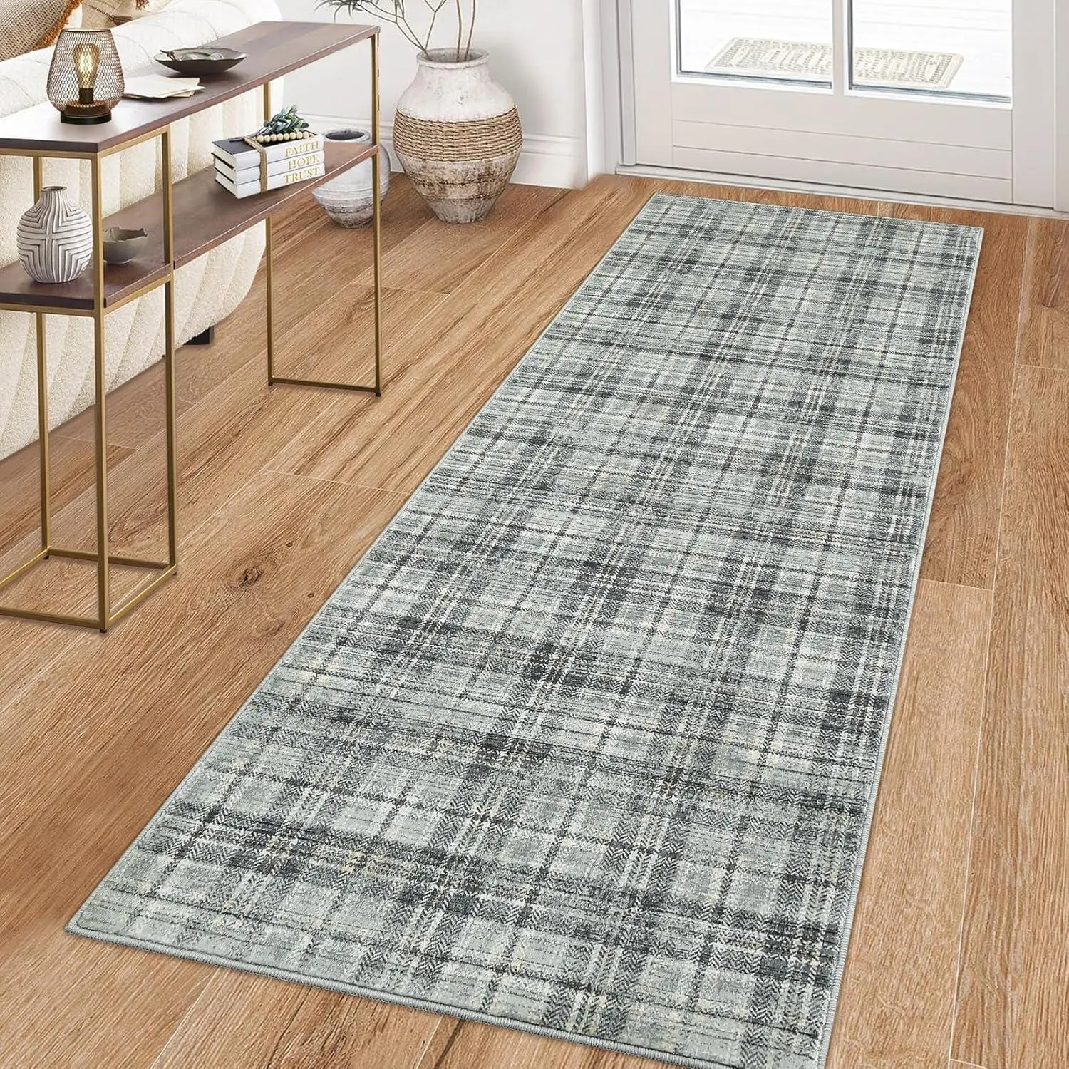 Washable Rugs Runner Rug 2x6 Modern Plaid Area Rug Soft Carpet 2'x6' Greenish Grey