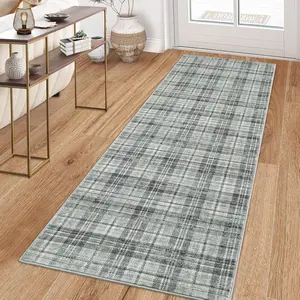 Washable Rugs Runner Rug 2x6 Modern Plaid Area Rug Soft Carpet 2'x6' Greenish Grey