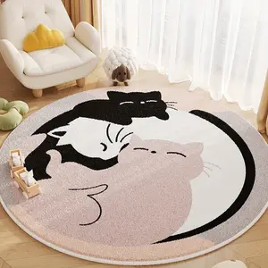 1 Piece Cute Kawaii Cartoon Reading Area Carpet Black and White Cat Lounge Shaggy Plush Rug Fluffy Soft Living Room Decorative Rug Bedroom Decoration Bedside Round Carpet Household Thickened Non-slip Floor Mat