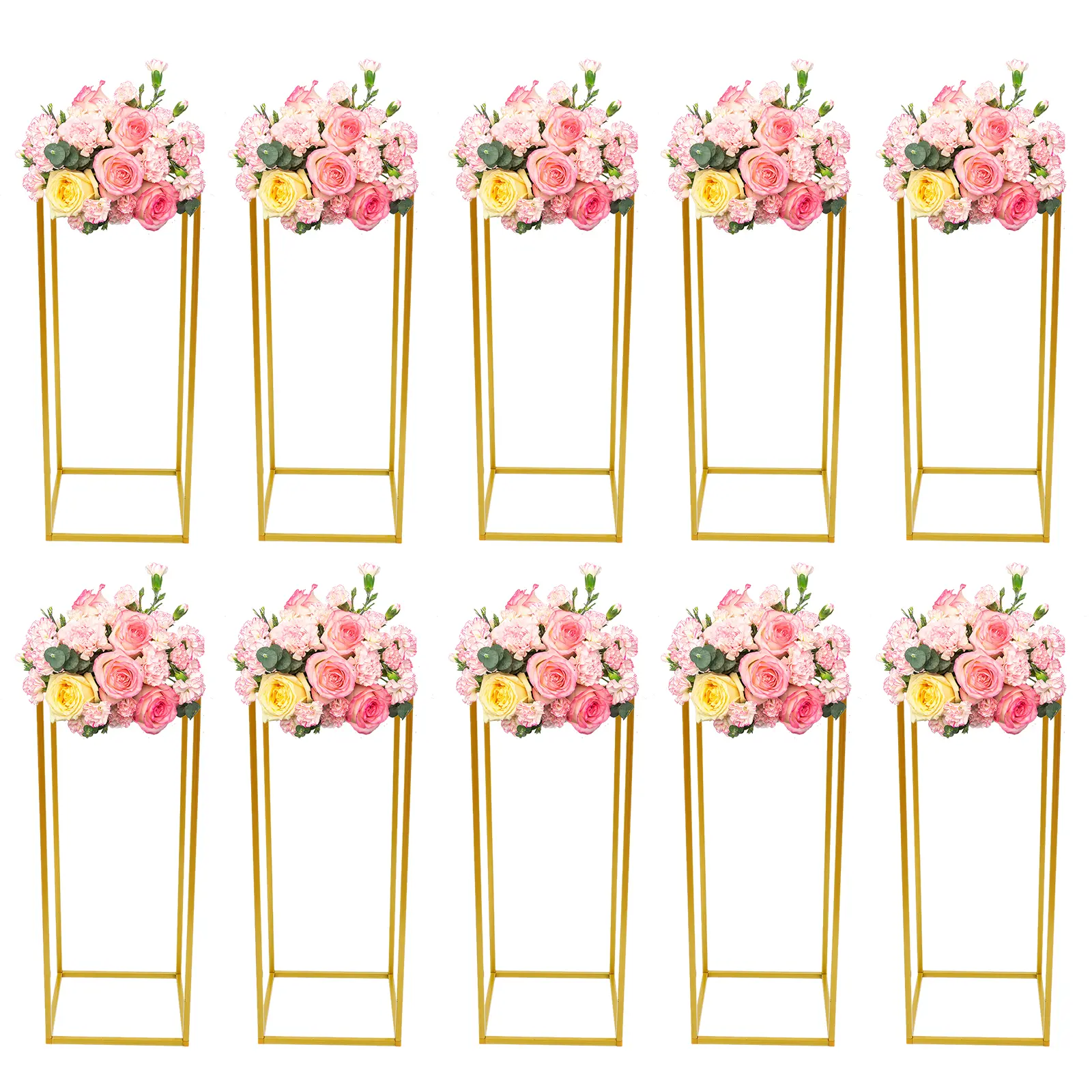 10pcs Modern Rectangle Gold Metal Flower Stands - Plastic-Enhanced Home Party Decorations, Table Centerpieces, Birthday Decoration, Bridal Shower Supplies, High-Temperature Baked Freestanding Desktop Ornaments for Living Room