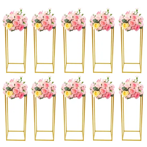 10pcs Modern Rectangle Gold Iron-Plastic Freestanding Flower Stands - 10kg High-Load Plastic-Enhanced, 24×24×60cm, 1×Hammer, Tabletop/Floor Use, Birthday Decoration, Home Party Decorations, Bridal Shower Supplies